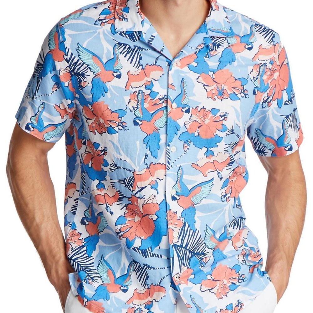 Nautica Floral Hawaiian Parrot Linen Blend Button-Down Shirt Top